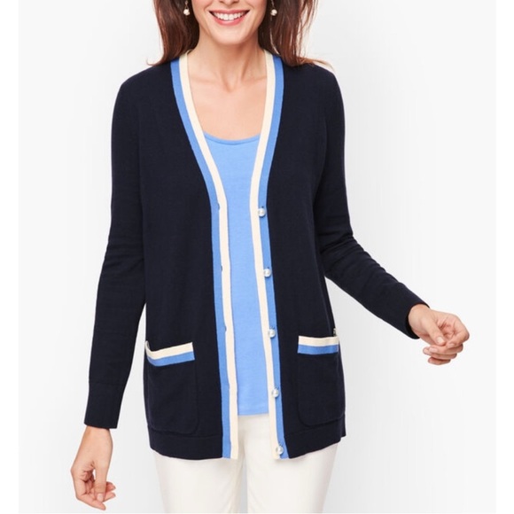 Talbots Sweaters - Talbots Navy Blue Soft Tipped Nautical Preppy Pearl Button Cardigan